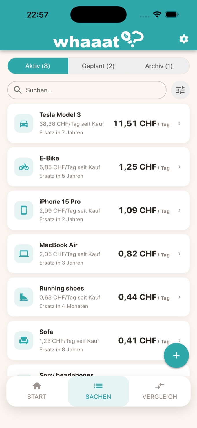 Artikelliste, durchsuchbar und nach Kosten pro Tag sortiert